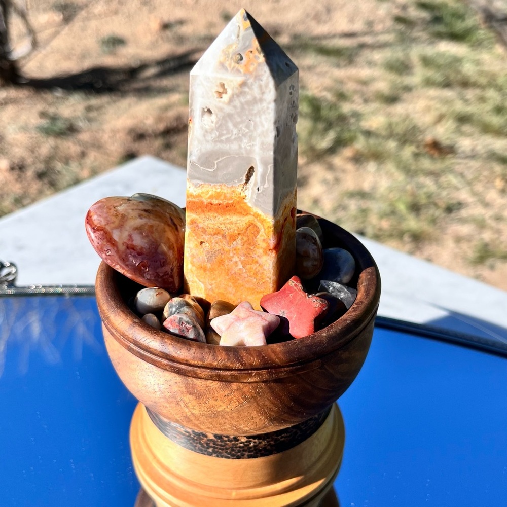 Bumblebee Jasper Tower / Point Polychrome Jasper Heart Petrified Wood Tumbles